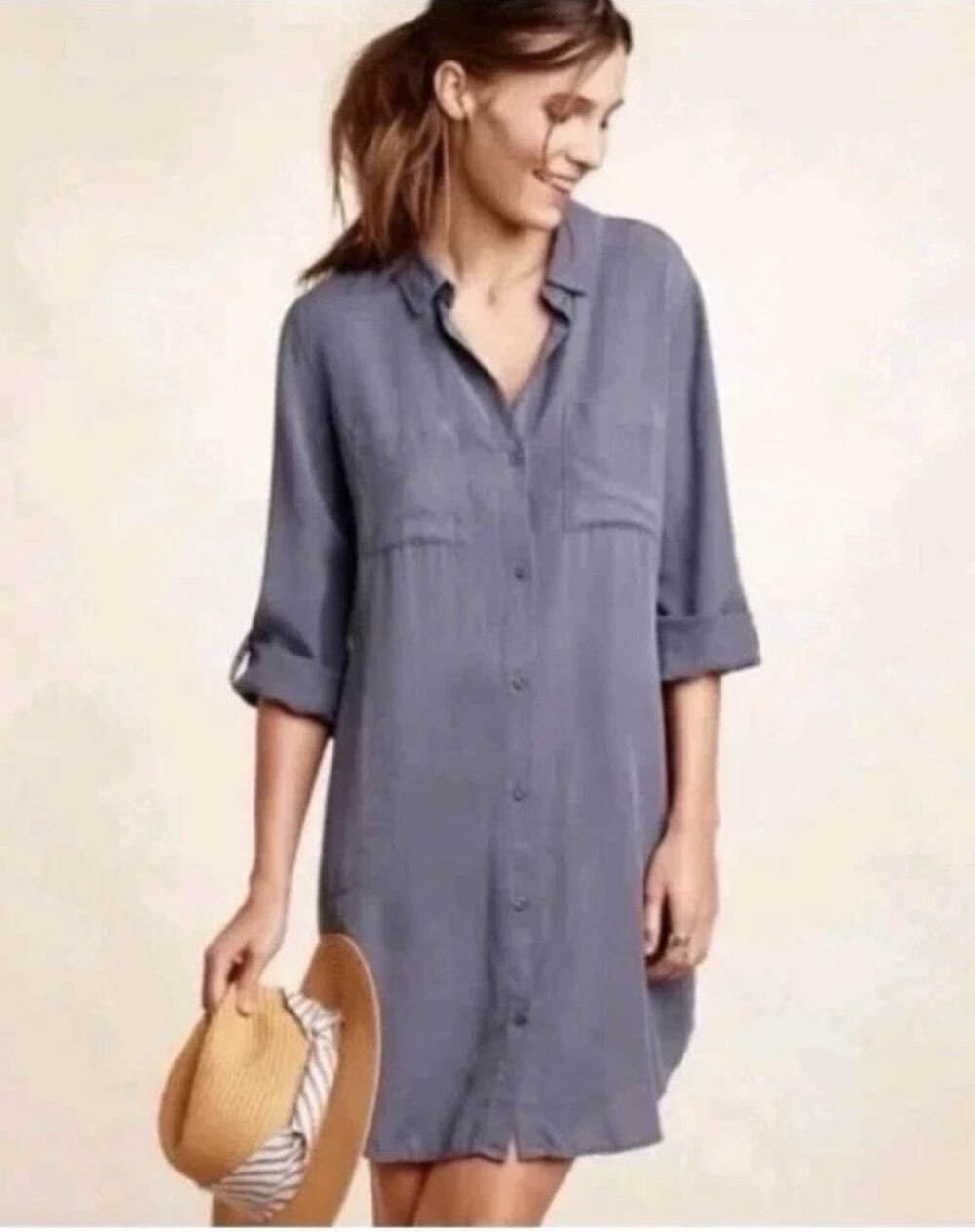 Cloth & Stone Women's Sz Small Charcoal Tencel Shirt Dress Roll Tab 3/4 Sleeve